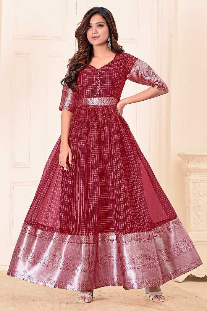 Women Maroon Colored Party Wear Woven Pure Organza Gown- Adiba Fashion