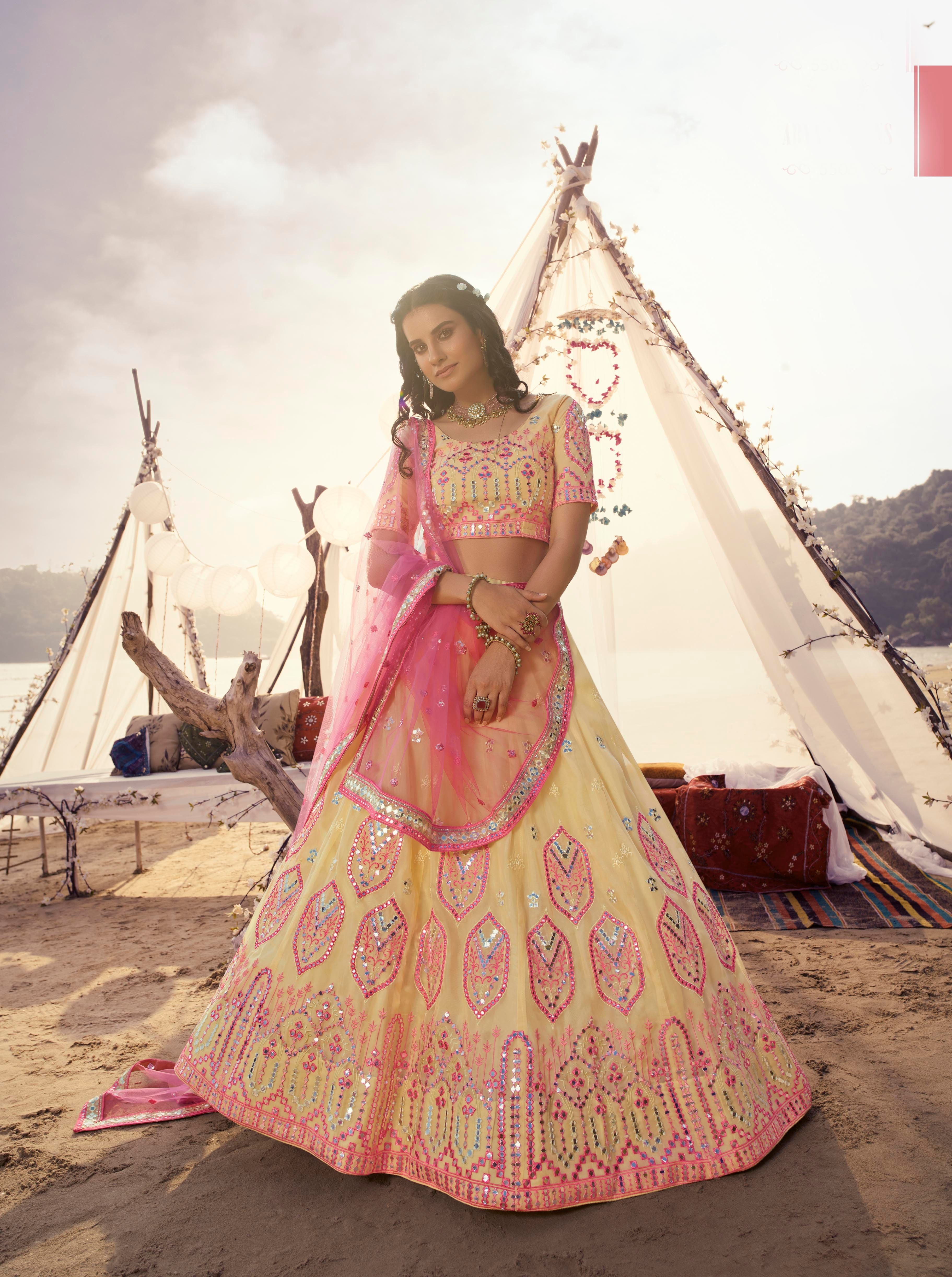 Yellow Color Mirror Work Embroidered Semi-Stitched Lehenga Choli - FunkyTradition