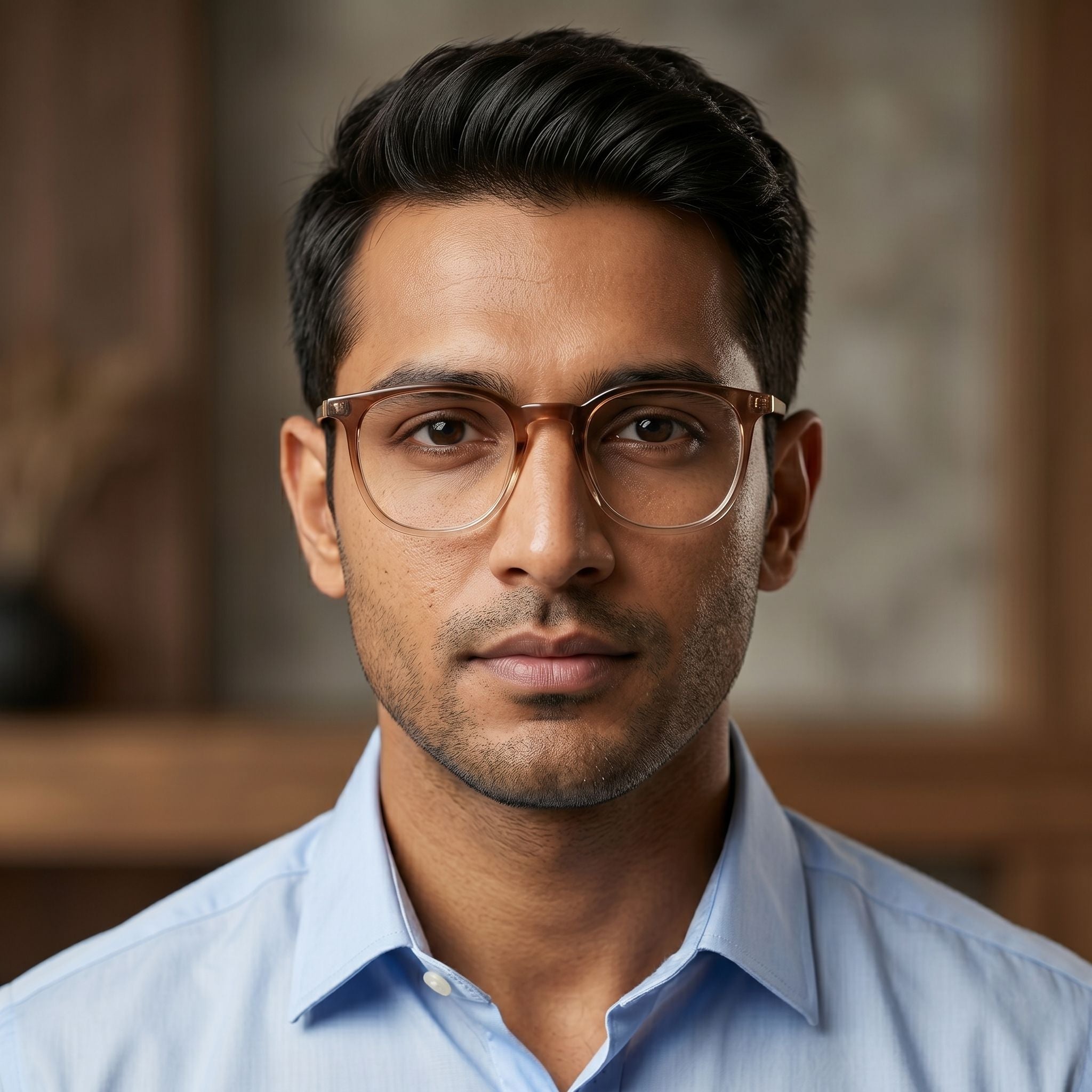 Man wearing glasses and a light blue shirt against a blurred background
