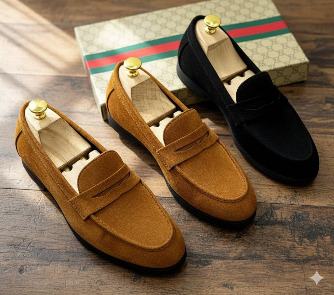 FunkyTradition Premium Suede Loafers for Men | Slip-On Penny Driving Shoes (Black & Tan)