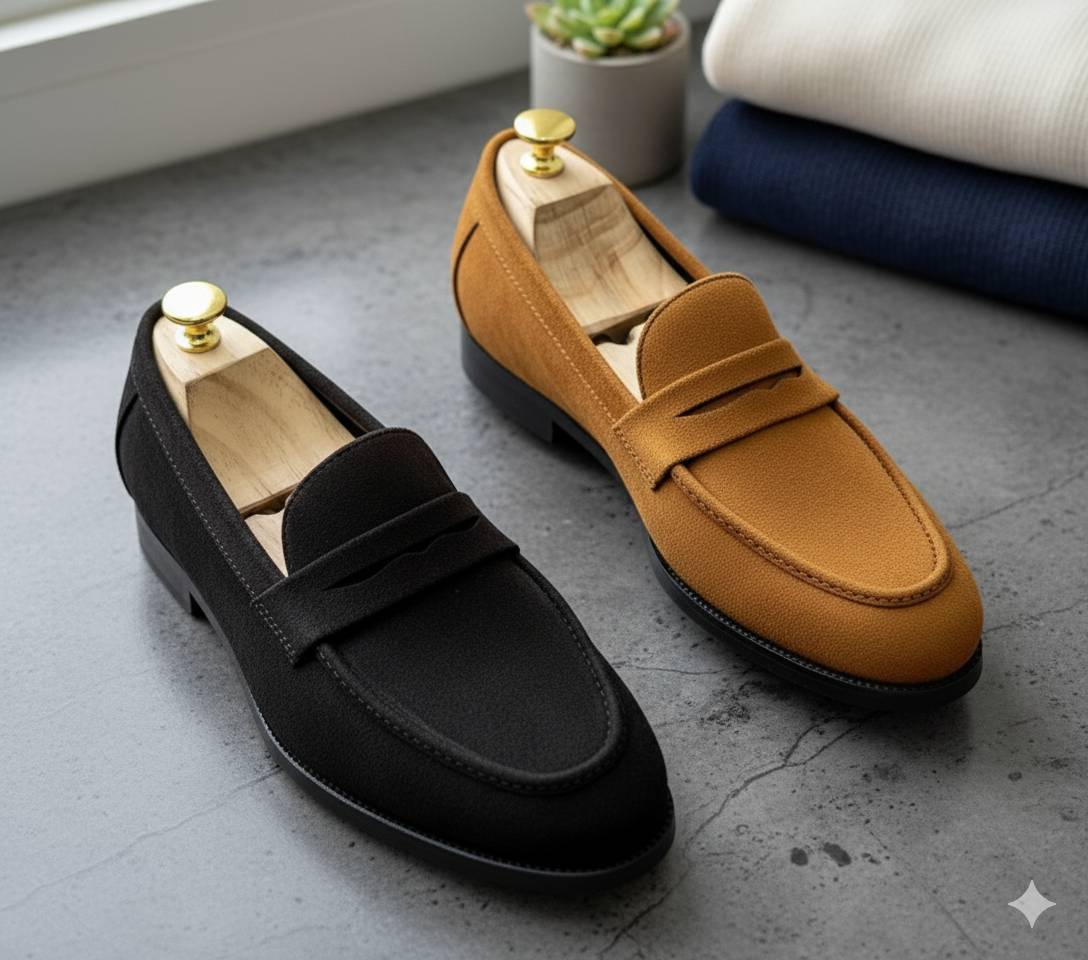 FunkyTradition Premium Suede Loafers for Men | Slip-On Penny Driving Shoes (Black & Tan)