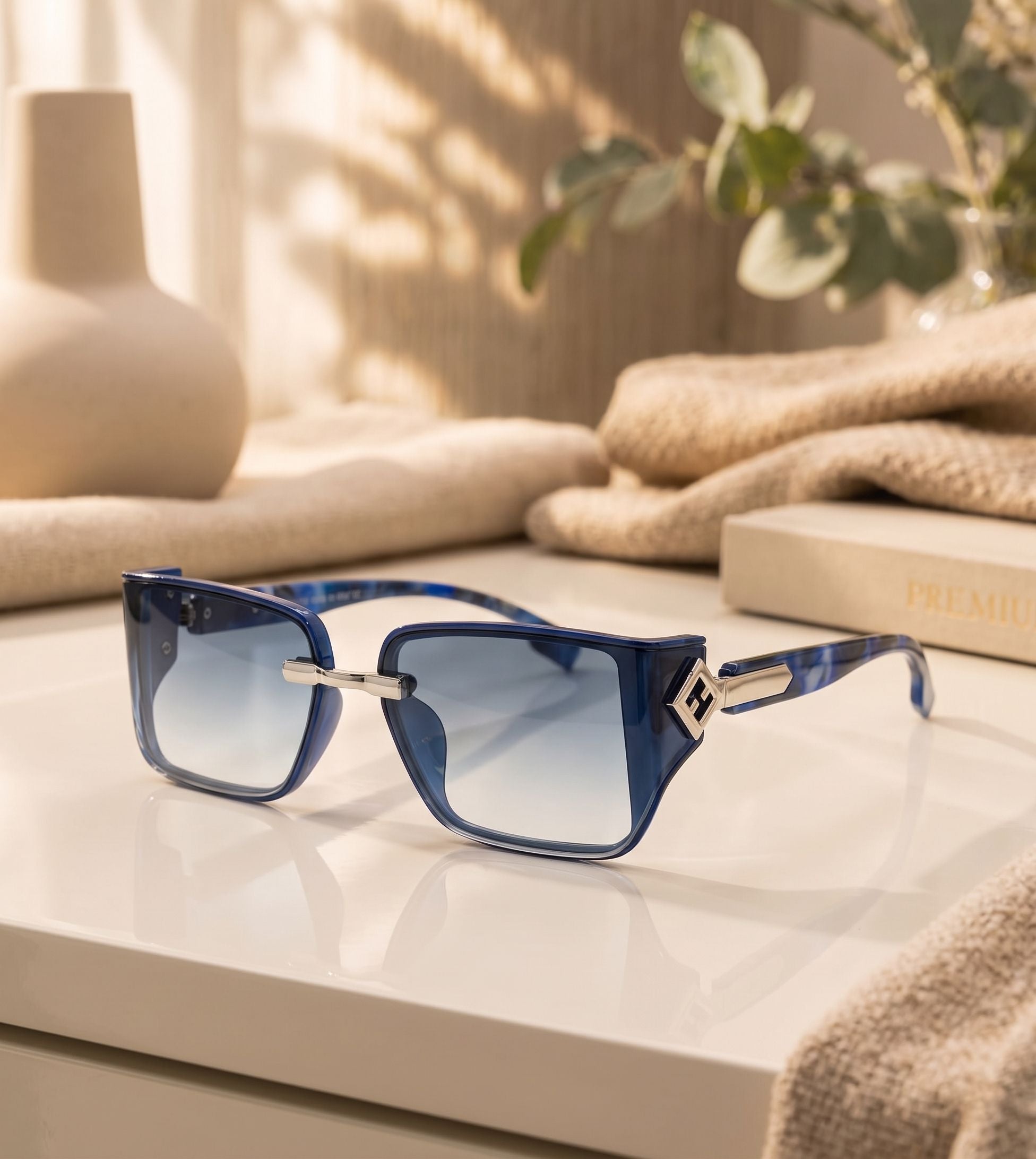 Blue sunglasses on a surface with a neutral background