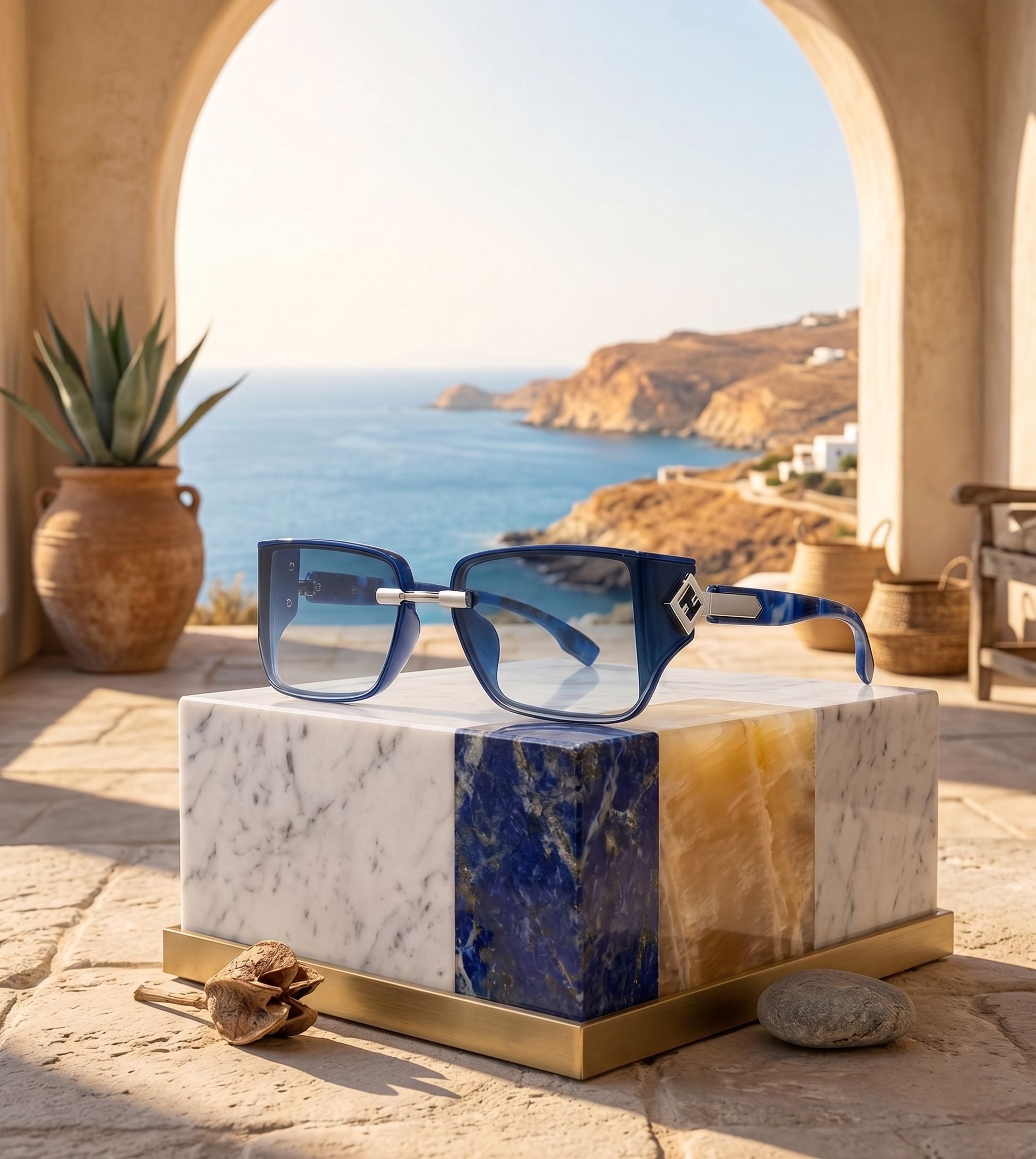 Blue sunglasses on a marble and gold stand with a scenic background of ocean and cliffs.
