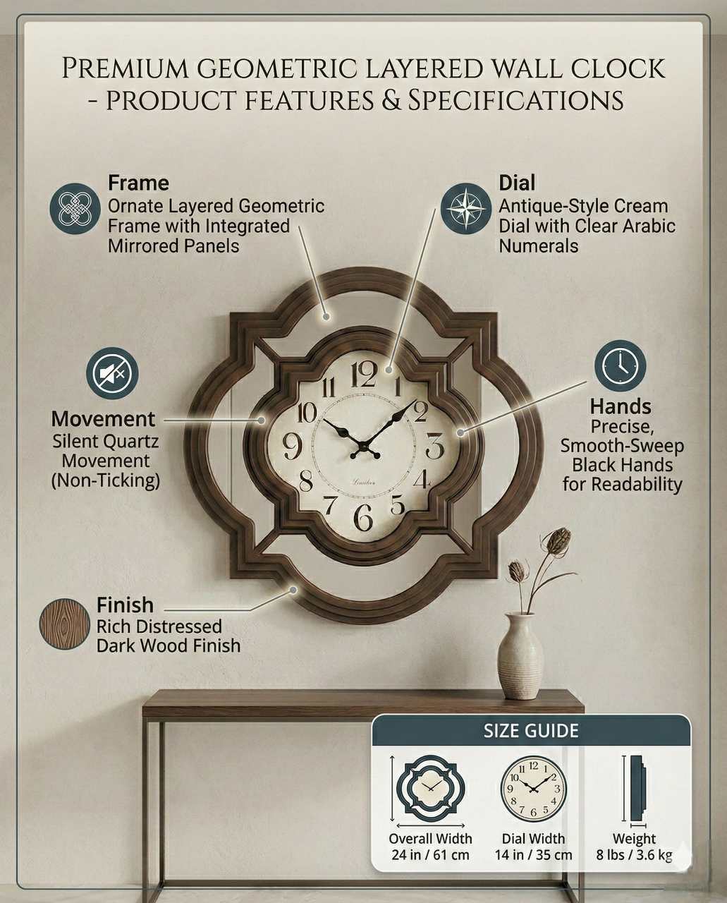 Geometric Layered Wall Clock 24 Inch Decorative Silent Quartz Wall Clock with Mirror Panels