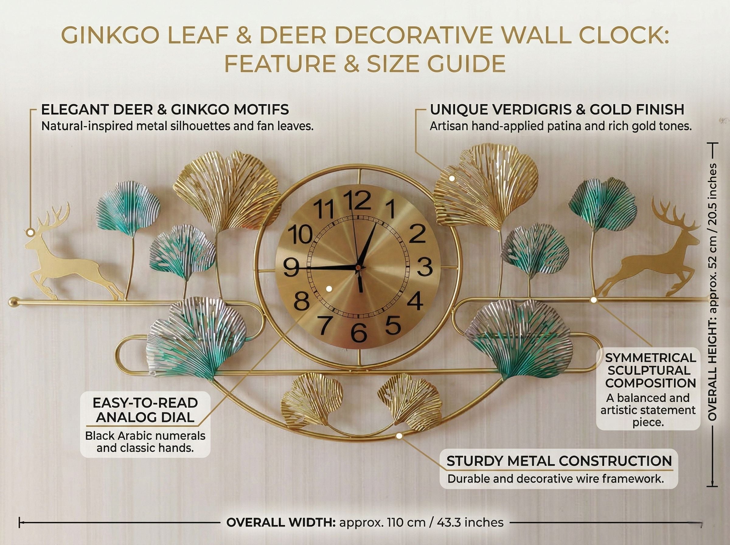 Ginkgo Leaf Deer Wall Clock size guide showing dimensions and premium metal craftsmanship