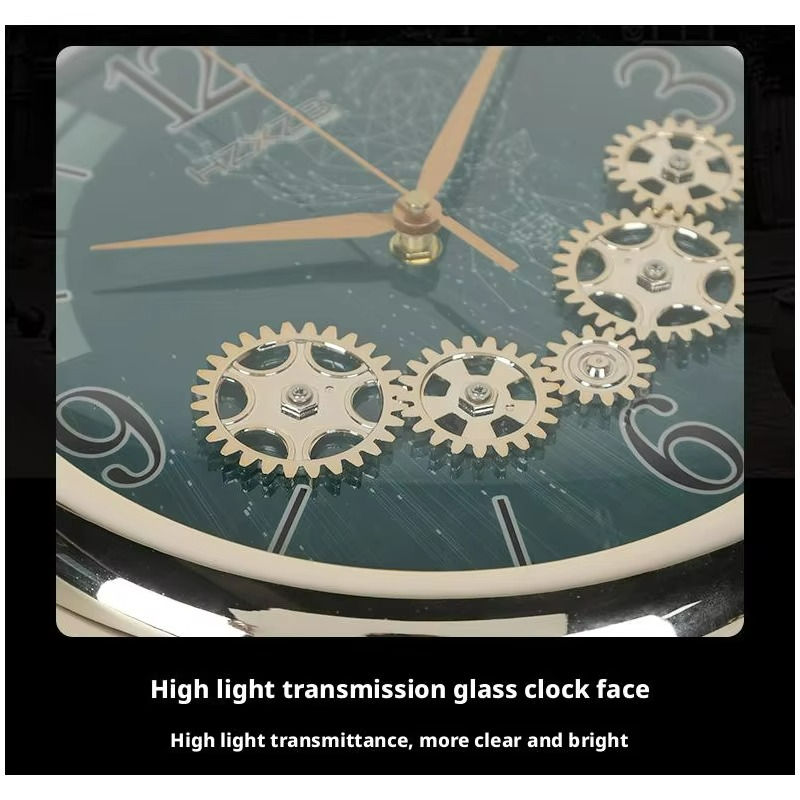 Glass clock face with gold gears and text on a black background