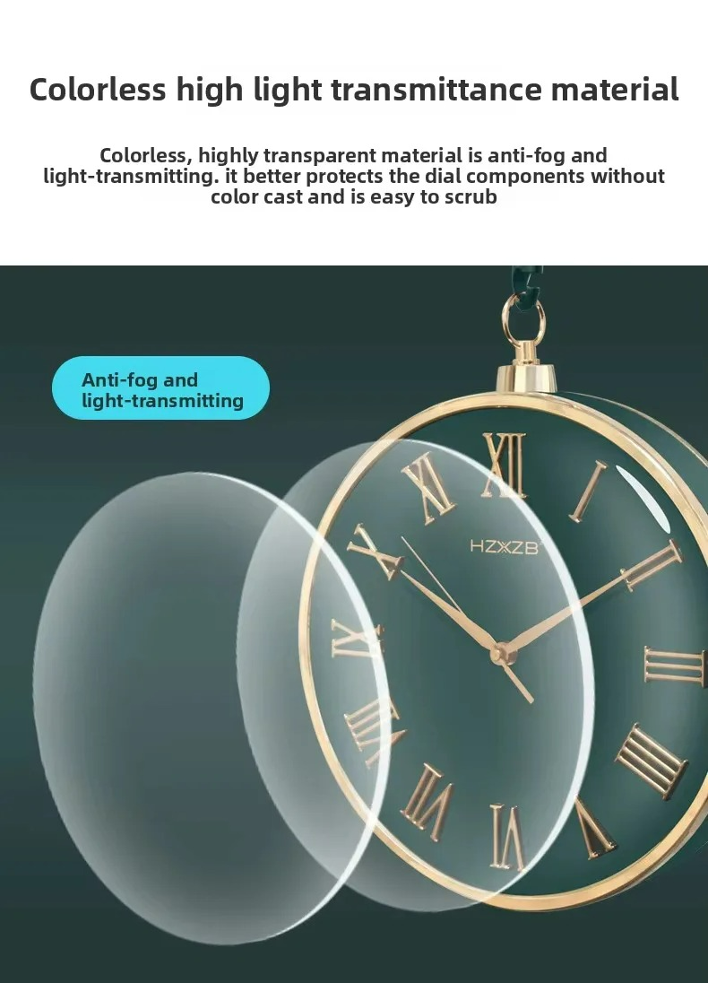 Glass protector over a clock with text about colorless high light transmittance material