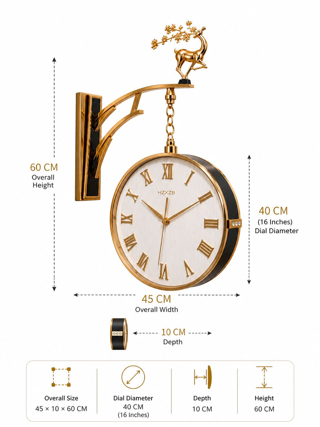 Gold and black wall clock with Roman numerals, shown with dimension callouts for overall height, dial diameter, overall width, and depth on a white background.