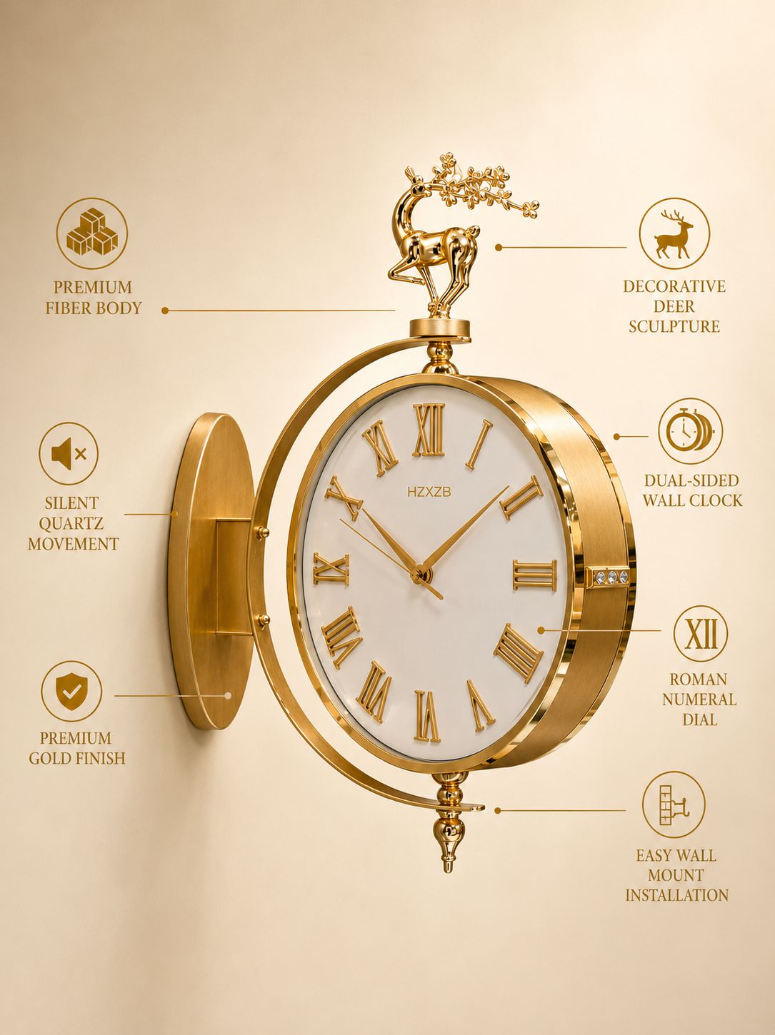 Gold decorative wall clock with a white dial and Roman numerals, shown with callout lines and text describing features such as premium fiber body, silent quartz movement, double-sided wall clock, and Roman numeral dial.