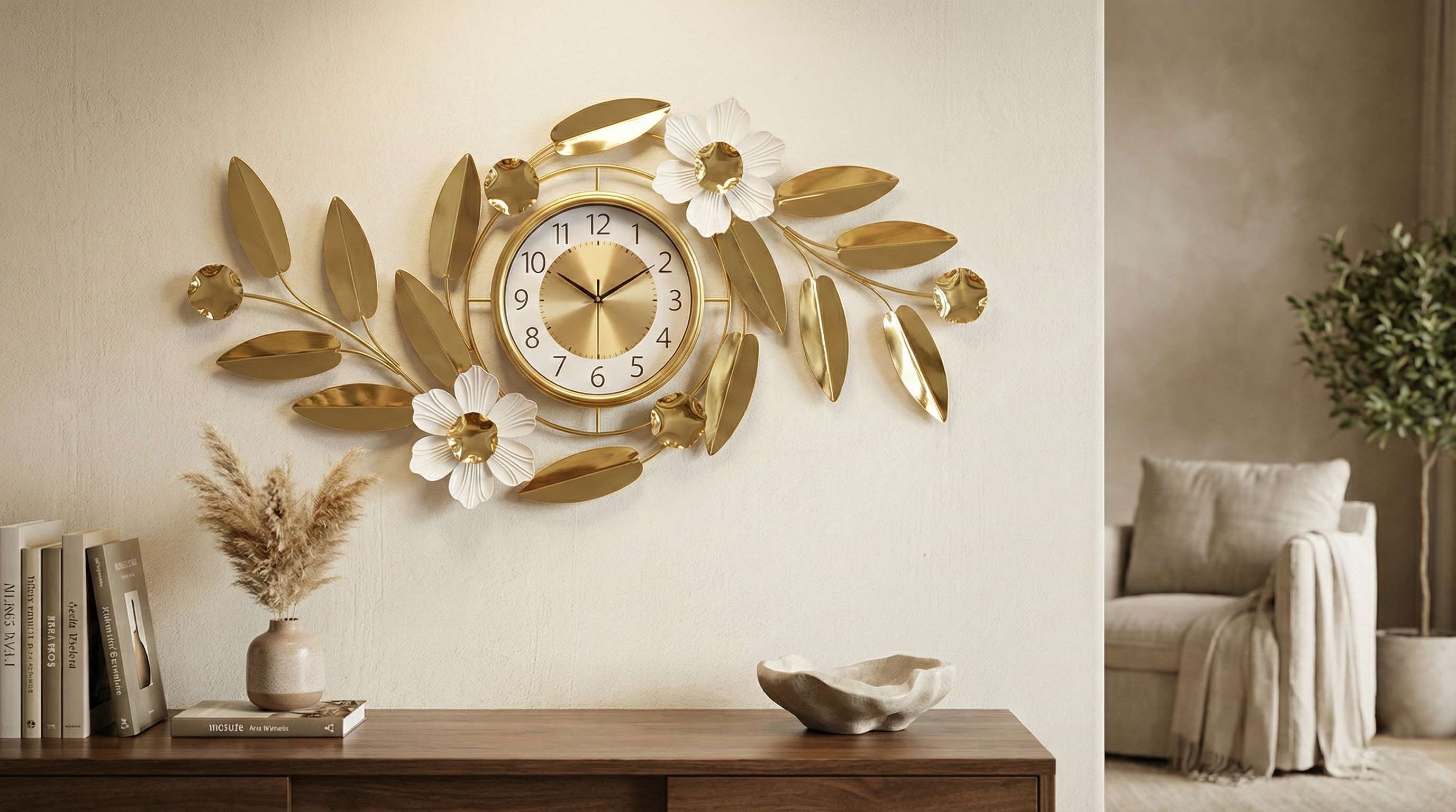 Gold floral wall clock mounted above a wooden console table in a sunlit elegant living room.