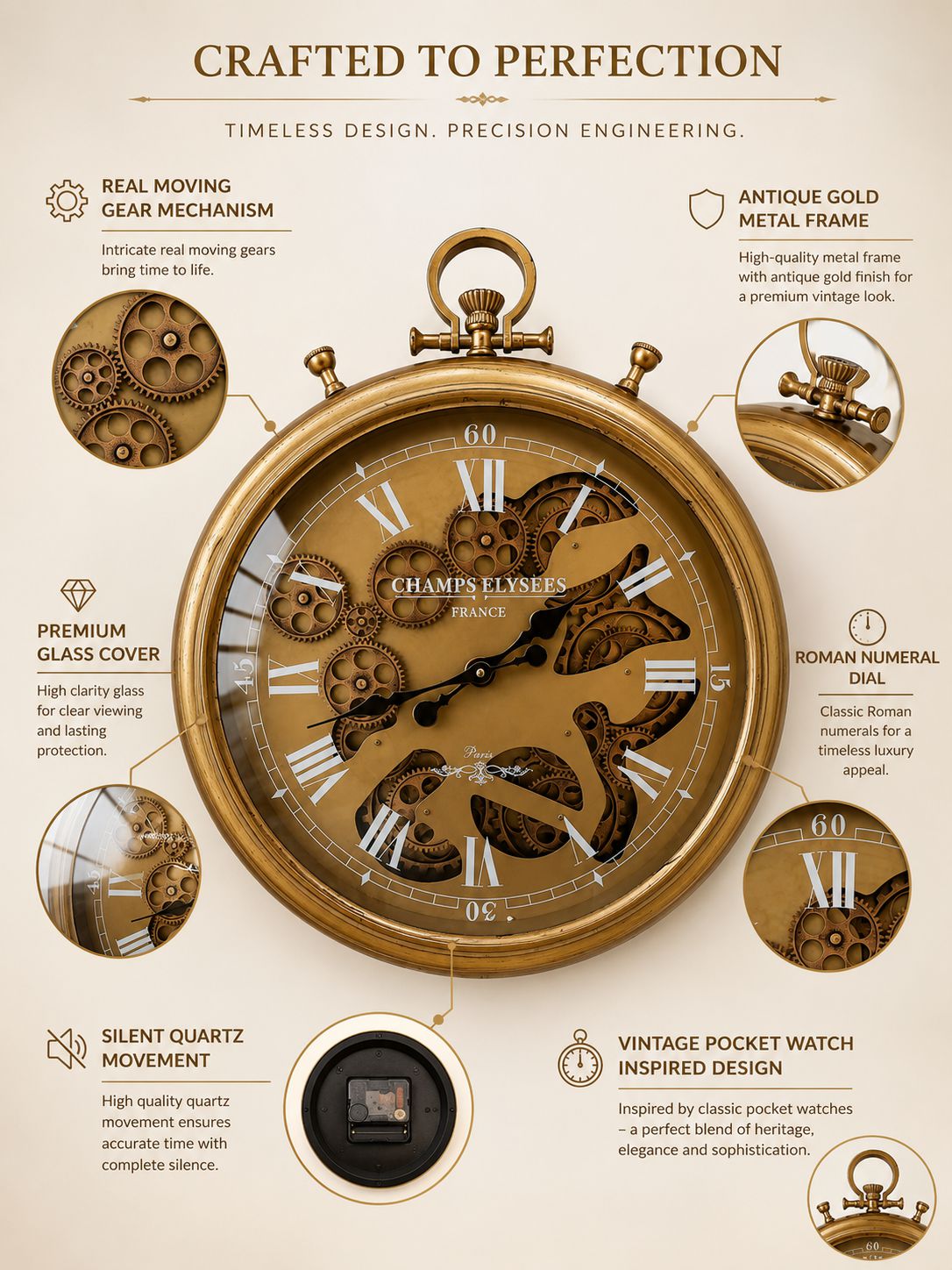 Gold pocket watch with detailed features on a beige background