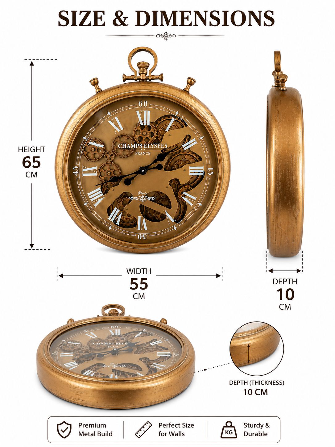 Gold pocket watch with dimensions displayed on a white background