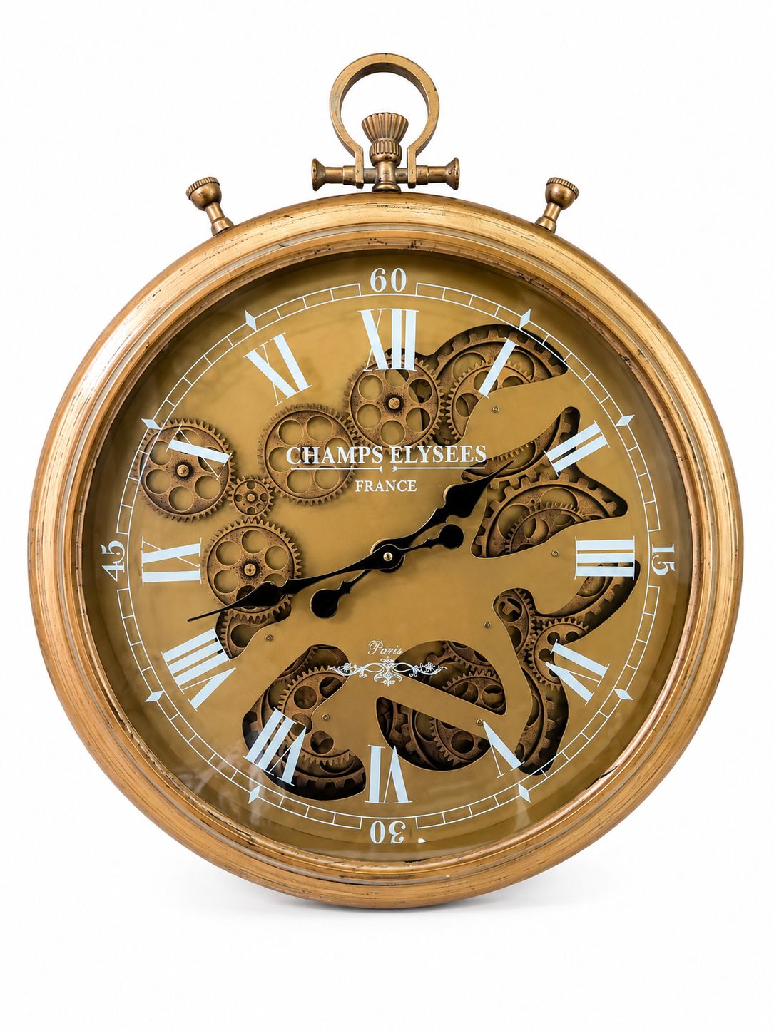 Gold pocket watch with intricate design on a white background