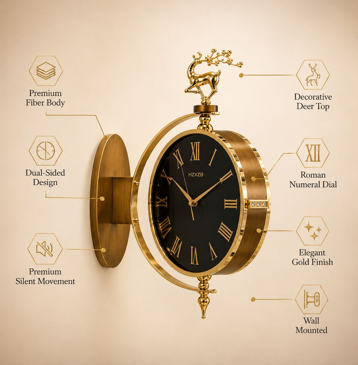 Gold wall-mounted decorative clock with a black dial, Roman numerals, and a deer finial, shown with callout lines and text highlighting features such as premium fiber body, dual-sided design, and wall mounted.