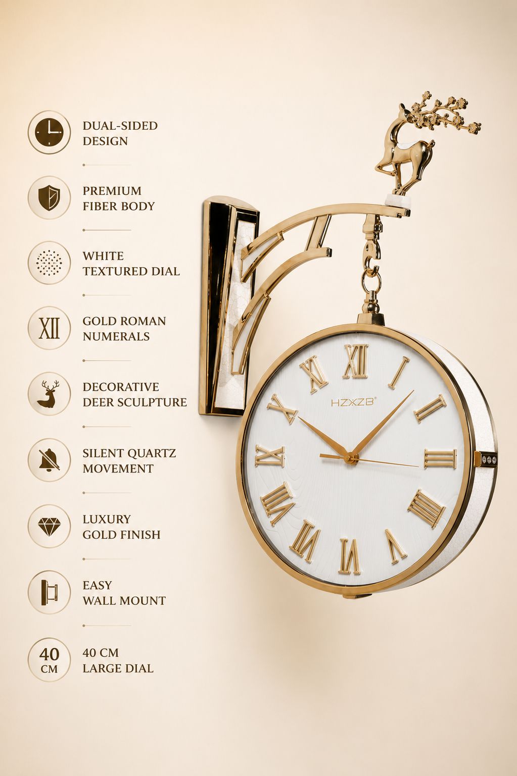 Gold wall-mounted decorative clock with a white dial, Roman numerals, and a deer sculpture on the bracket, shown beside a feature list on a beige background.