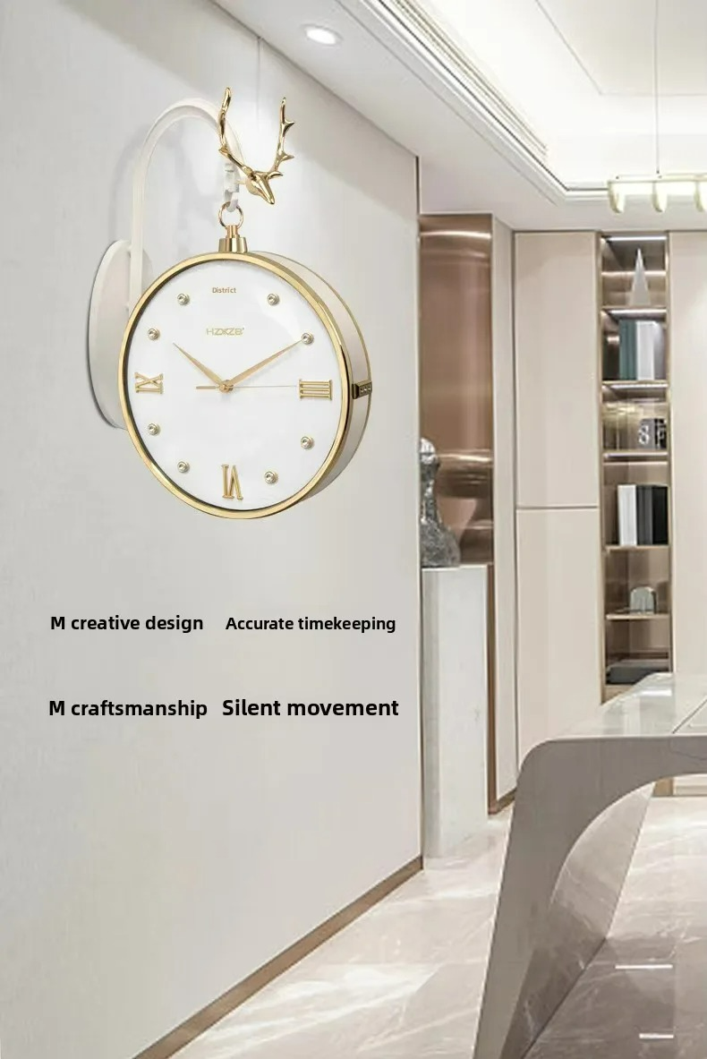 Gold wall clock on a white wall with text highlighting features