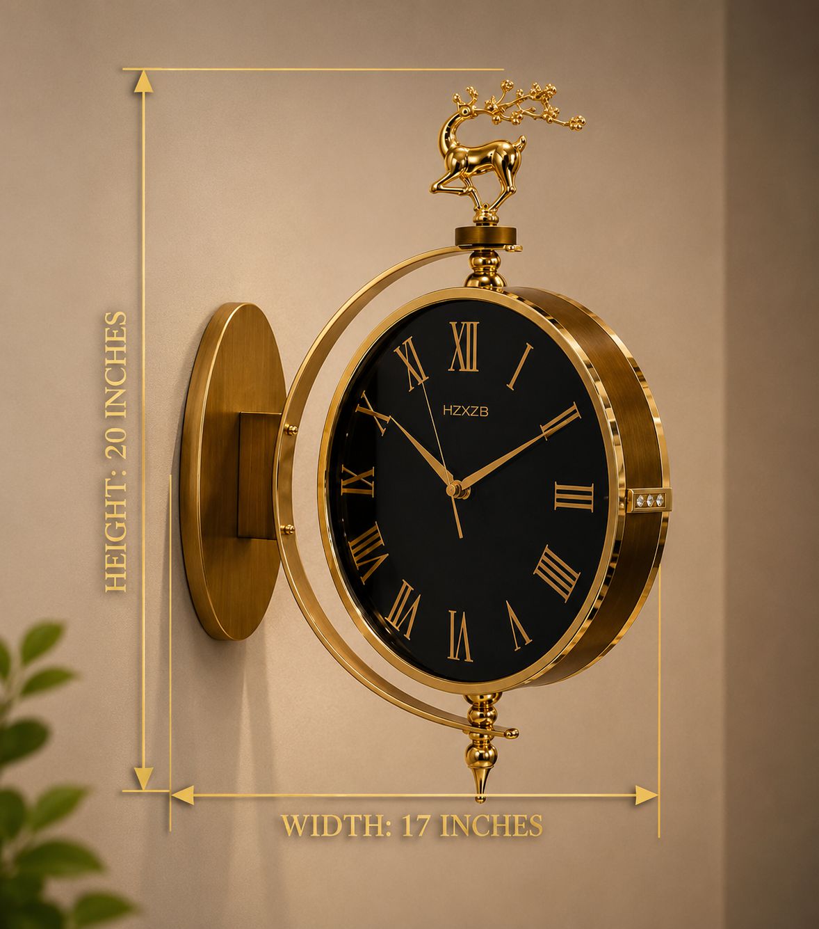 Gold wall clock with a black face, Roman numerals, and a deer finial, shown with dimension lines indicating 20 inches height and 17 inches width.