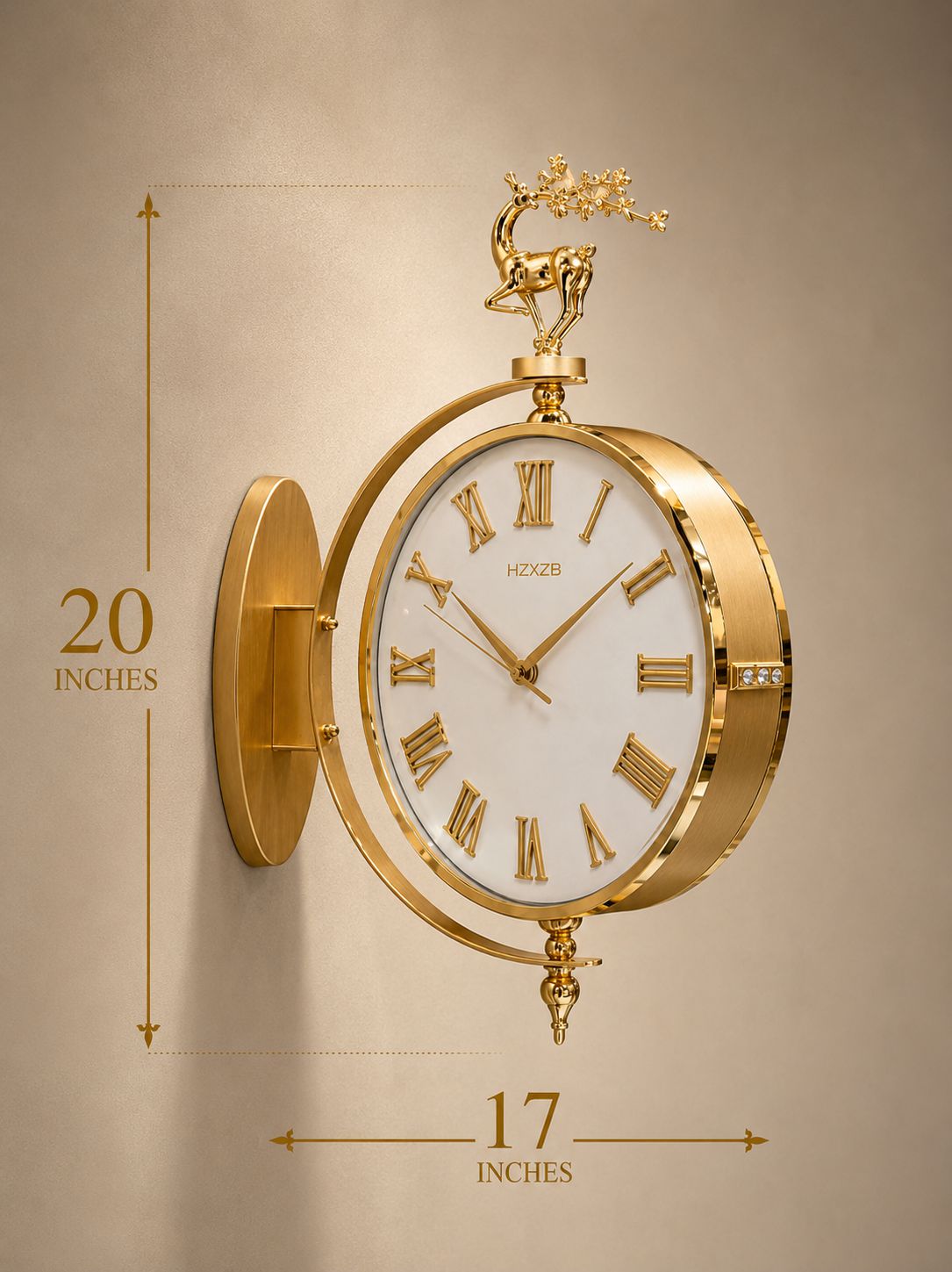 Gold wall clock with a white dial, Roman numerals, and a decorative deer finial, shown with dimension callouts indicating 20 inches height and 17 inches width.