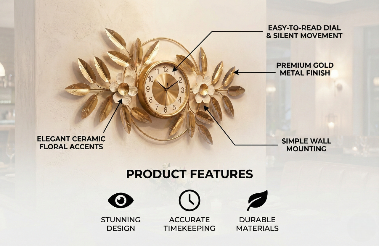 Gold wall clock with floral accents and product features highlighted.