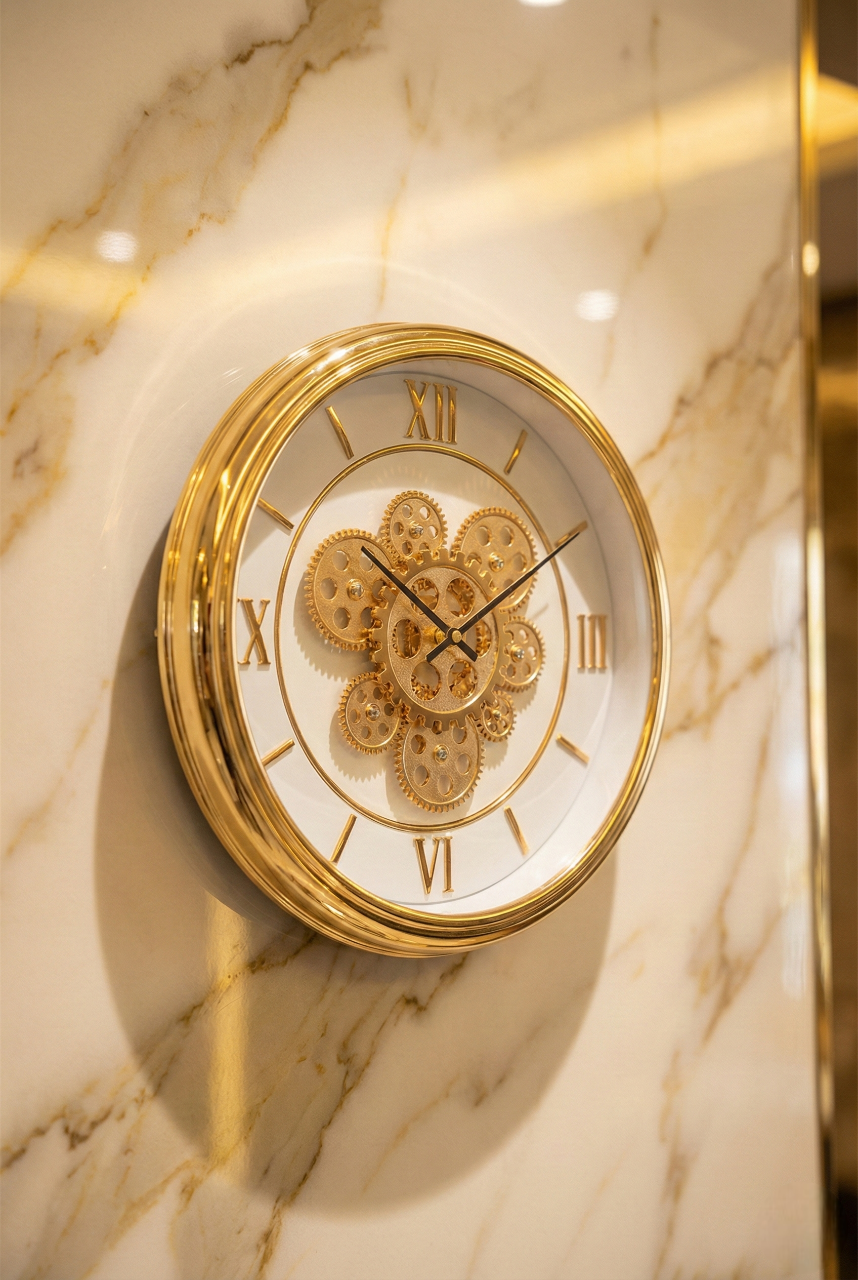 Gold wall clock with gear design on a marble wall