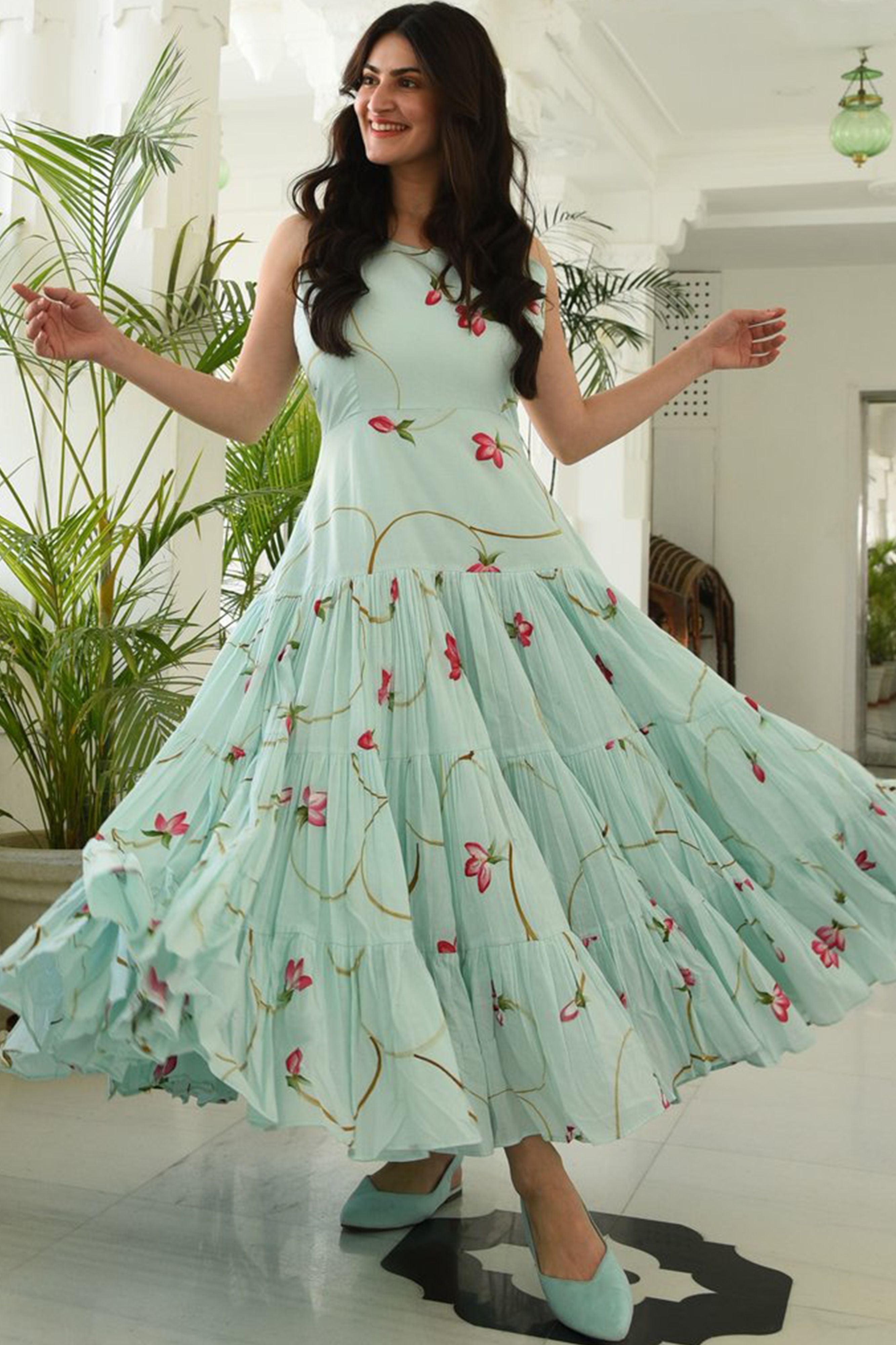Green Floral Party Wear Maxi Dress- Adiba Fashion