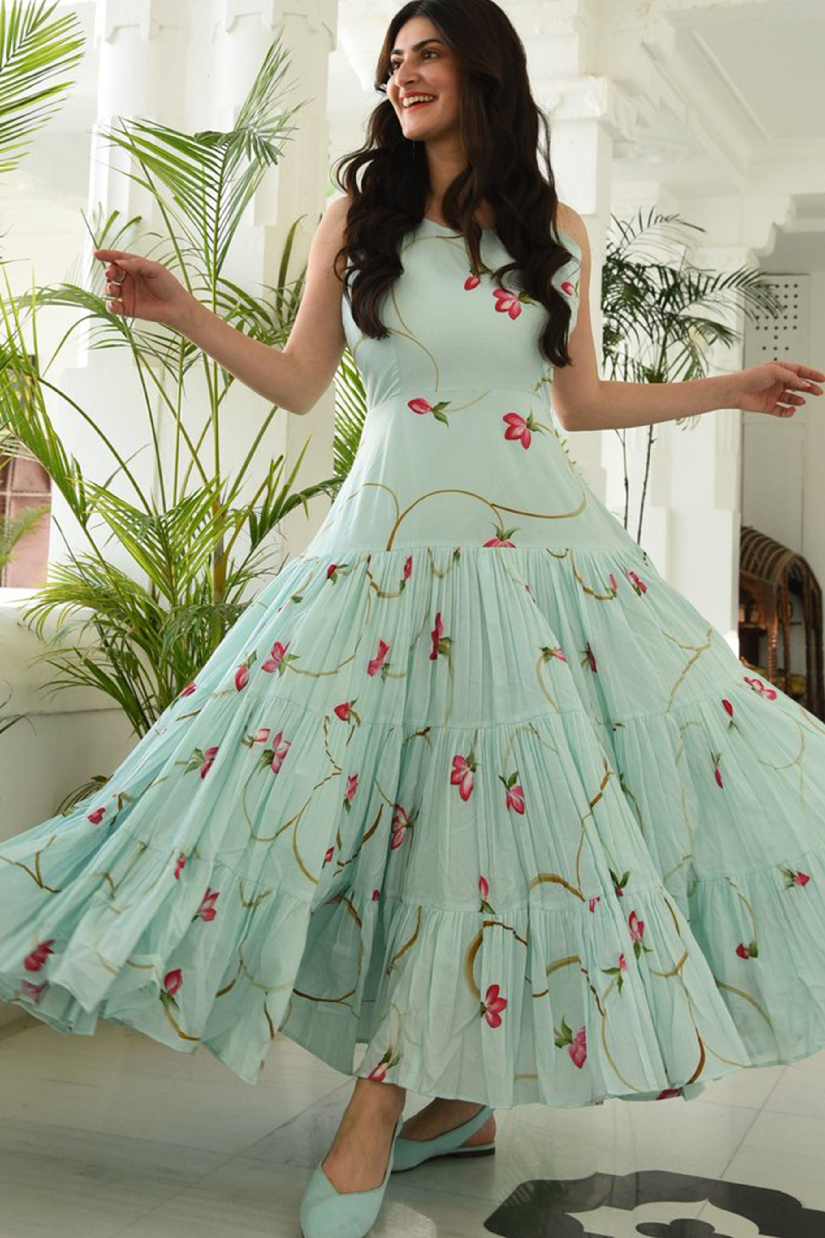 Green Floral Party Wear Maxi Dress- Adiba Fashion