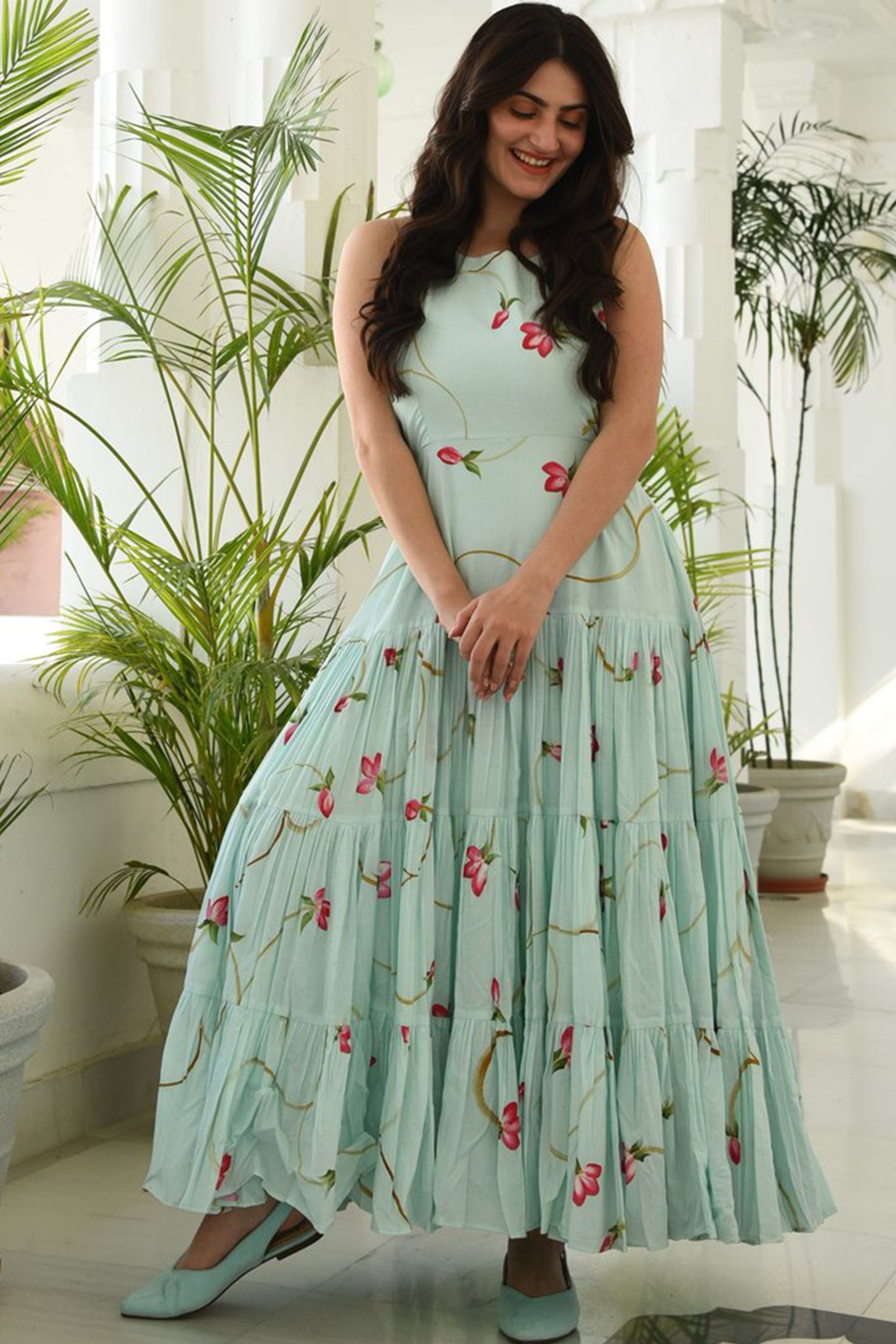 Green Floral Party Wear Maxi Dress- Adiba Fashion