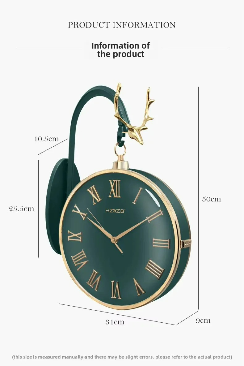 Green pocket watch with gold accents and deer head design, shown with measurements on a white background.