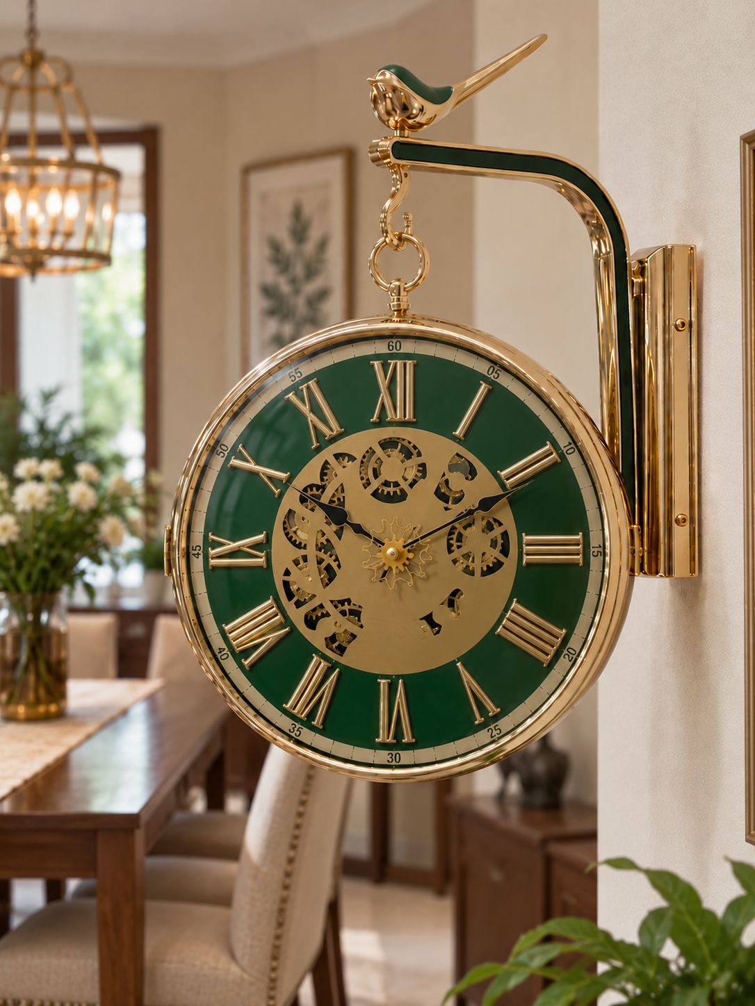 Green rotating wall clock with Roman numeral dial and visible working gears