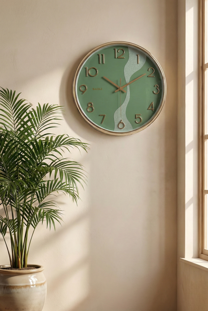Green wall clock on a light beige wall with a plant and window in the background