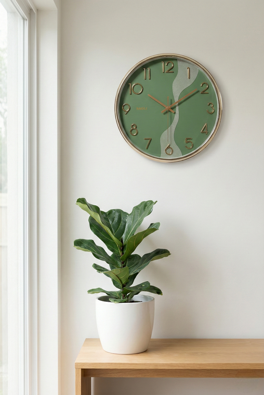 Green wall clock on a white wall with a potted plant on a wooden surface.