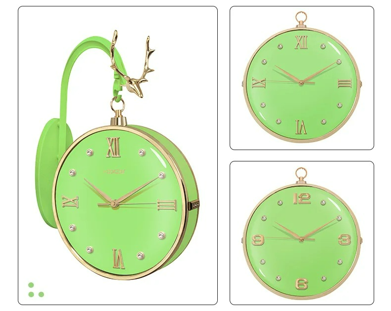Green wall clock with gold accents on a white background