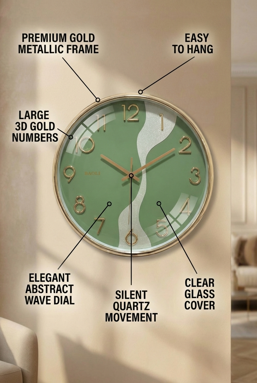 Green wall clock with gold frame and detailed features on a beige background