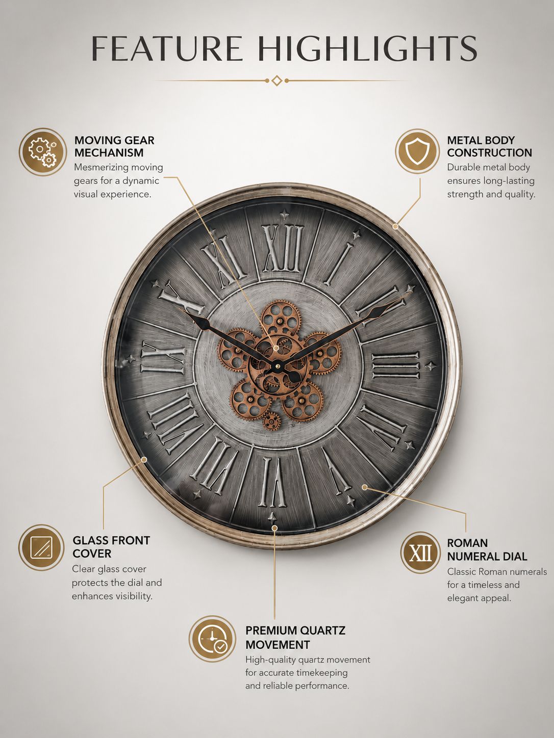 Wall clock with features highlighted on a gray background