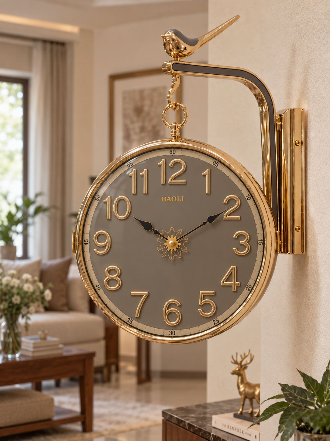 Grey taupe dual-sided wall clock with Arabic numeral dial and gold-tone frame