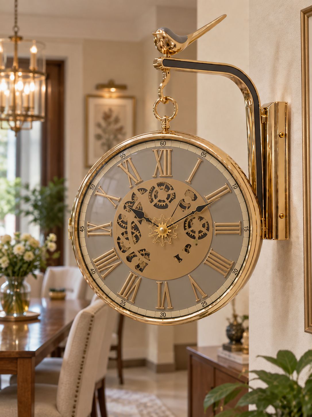 Grey taupe rotating wall clock with Roman numeral dial and decorative gear design