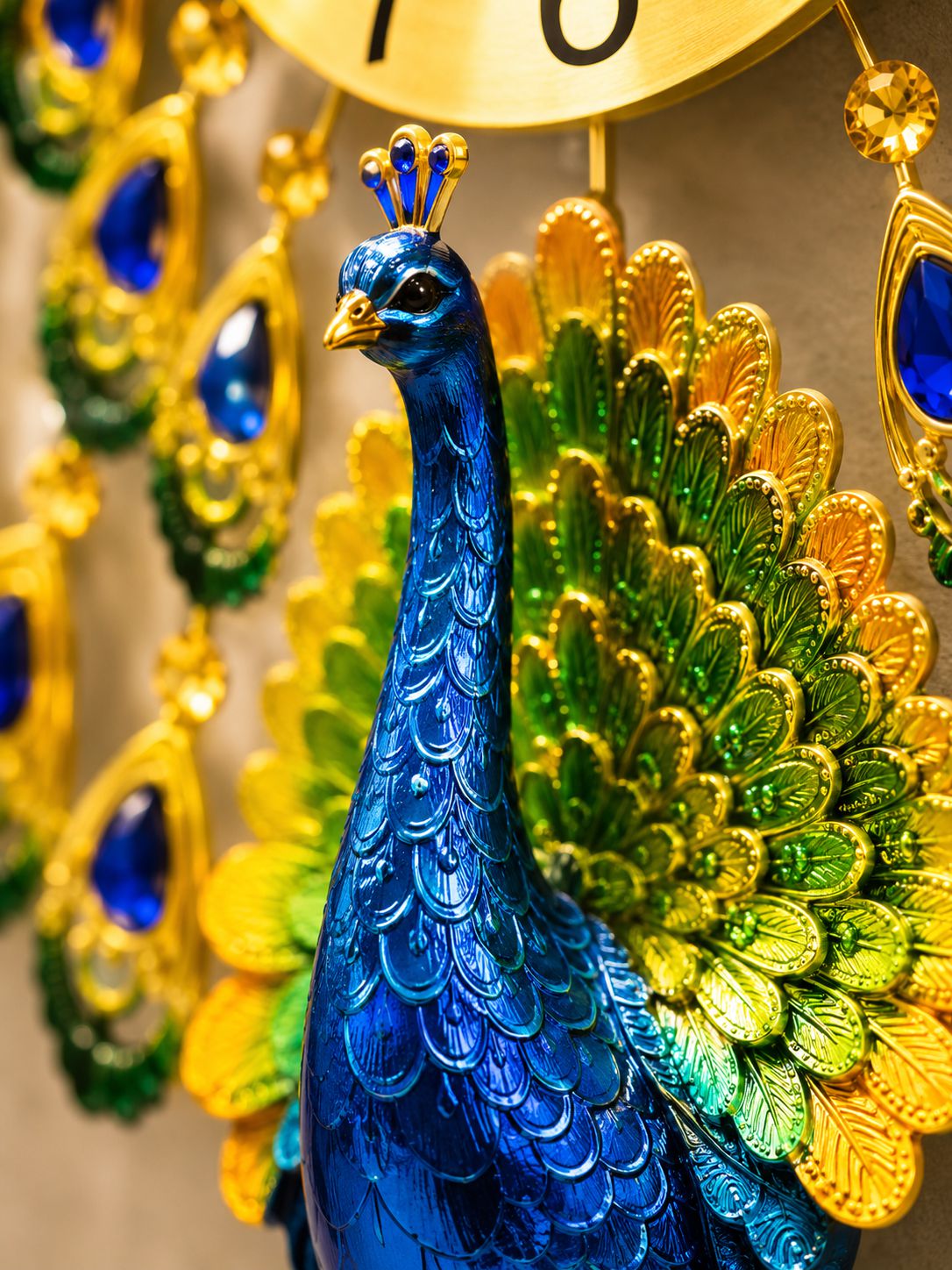 Handcrafted ceramic peacock body with intricate feather detailing on luxury wall clock