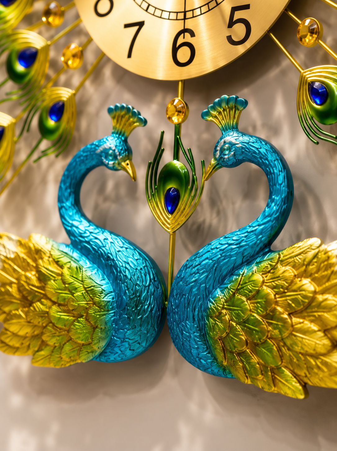 Handcrafted ceramic twin peacock sculpture with detailed feather texture
