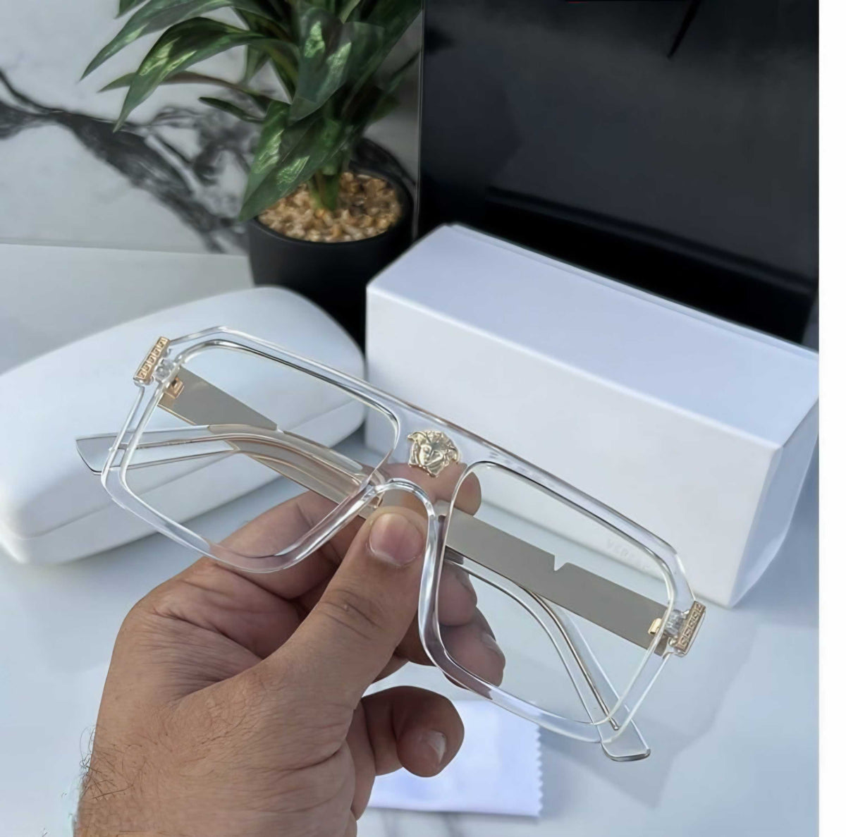 Luxe Clear Frame Oversized Square Eyeglasses - Gold Medusa & Greca Accent | Transparent Designer Inspired Fashion Eyewear