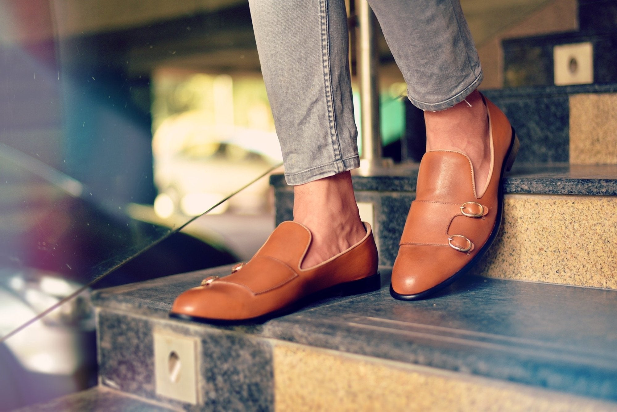 Tan Monk Strap Slipons For Men-FunkyTradition