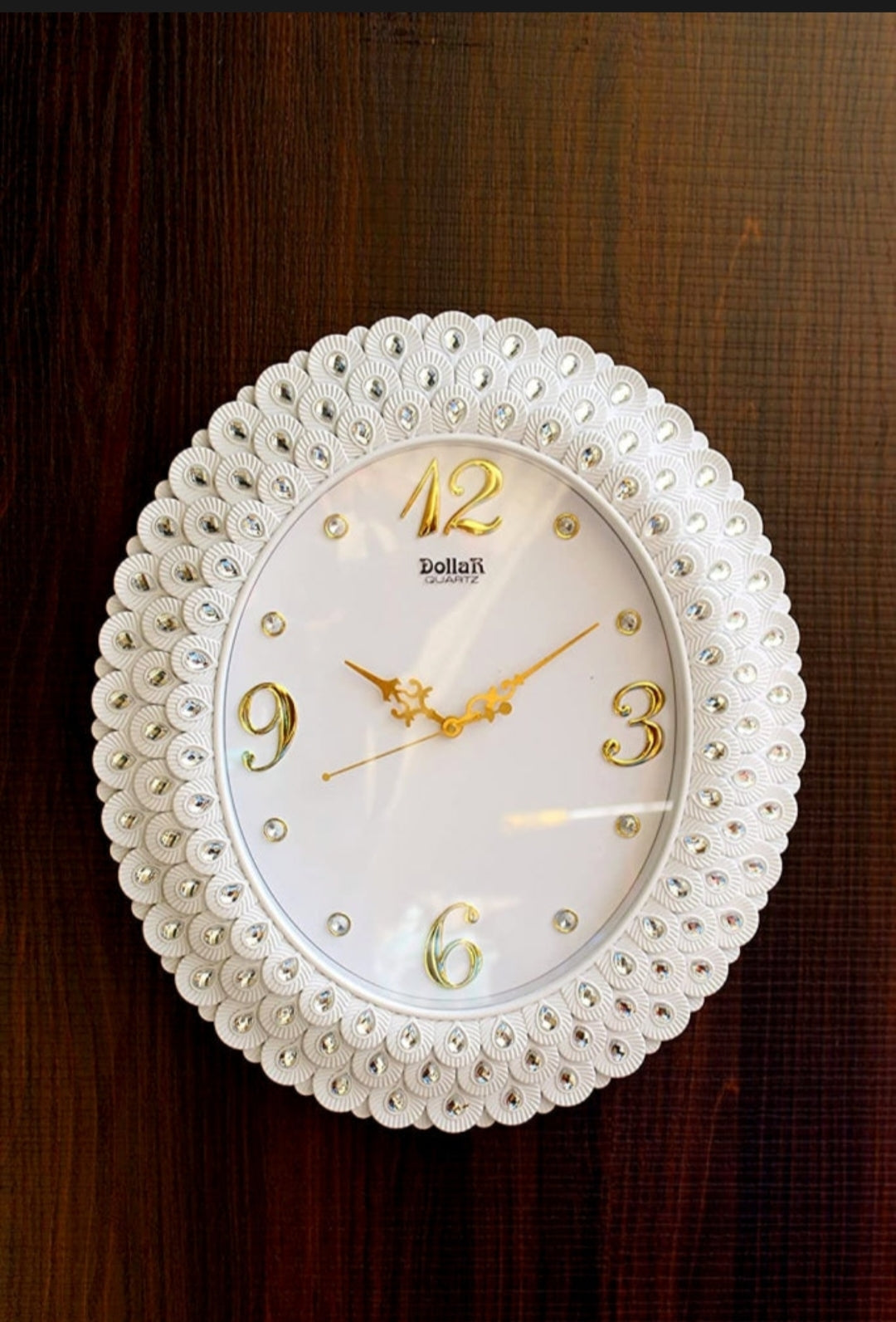 FunkyTradition Royal Pearl Diamond White Wall Clock, Wall Watch, Wall Decor for Home Office Decor and Gifts 47 cm Tall