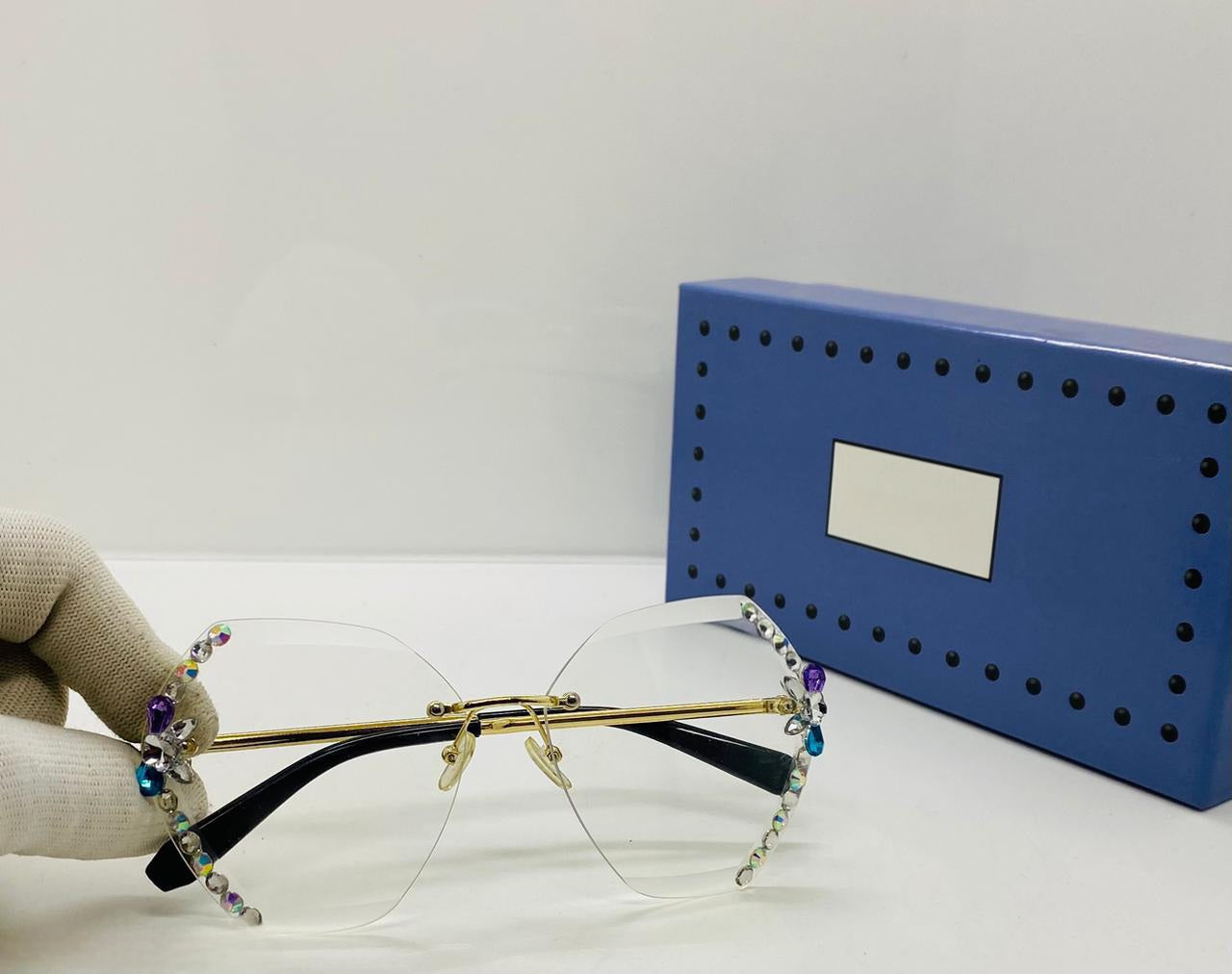 Luxury Diamond-Cut Rimless Eyeglasses | Gold Frame Rhinestone Spectacles for Women