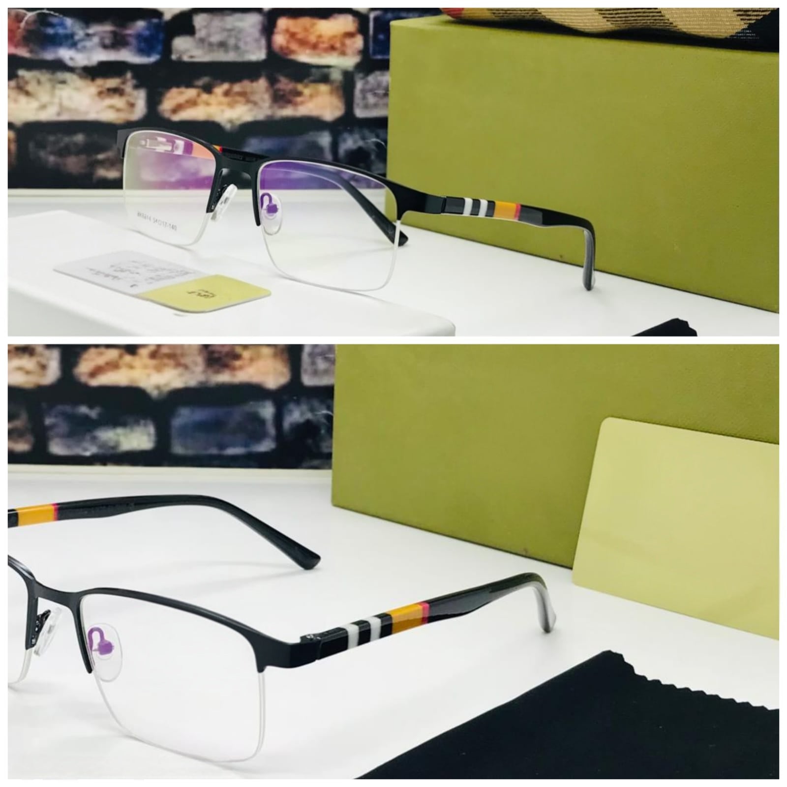 Premium Half-Rim Eyeglasses for Men | Black Metal Stylish Specs with Colour Stripe