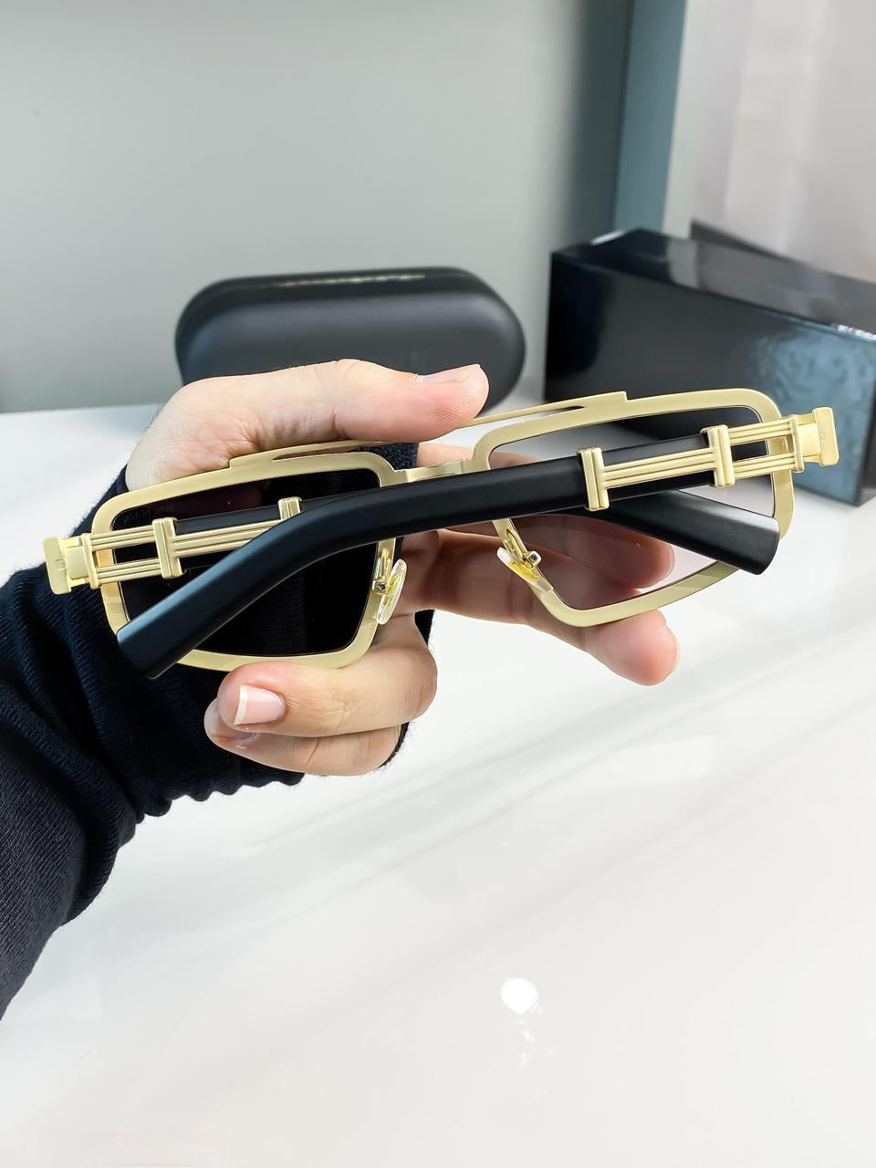 Shahid Kapoor Style Black Full-Rim Sunglasses| Bold Square Specs with Gold Star Accent