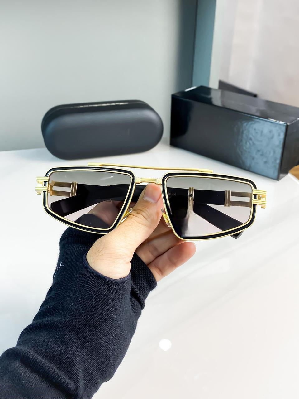 Shahid Kapoor Style Black Full-Rim Sunglasses| Bold Square Specs with Gold Star Accent