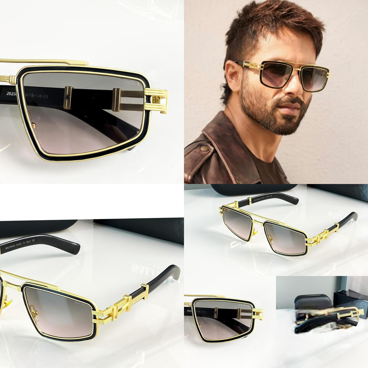 Shahid Kapoor Style Black Full-Rim Sunglasses| Bold Square Specs with Gold Star Accent