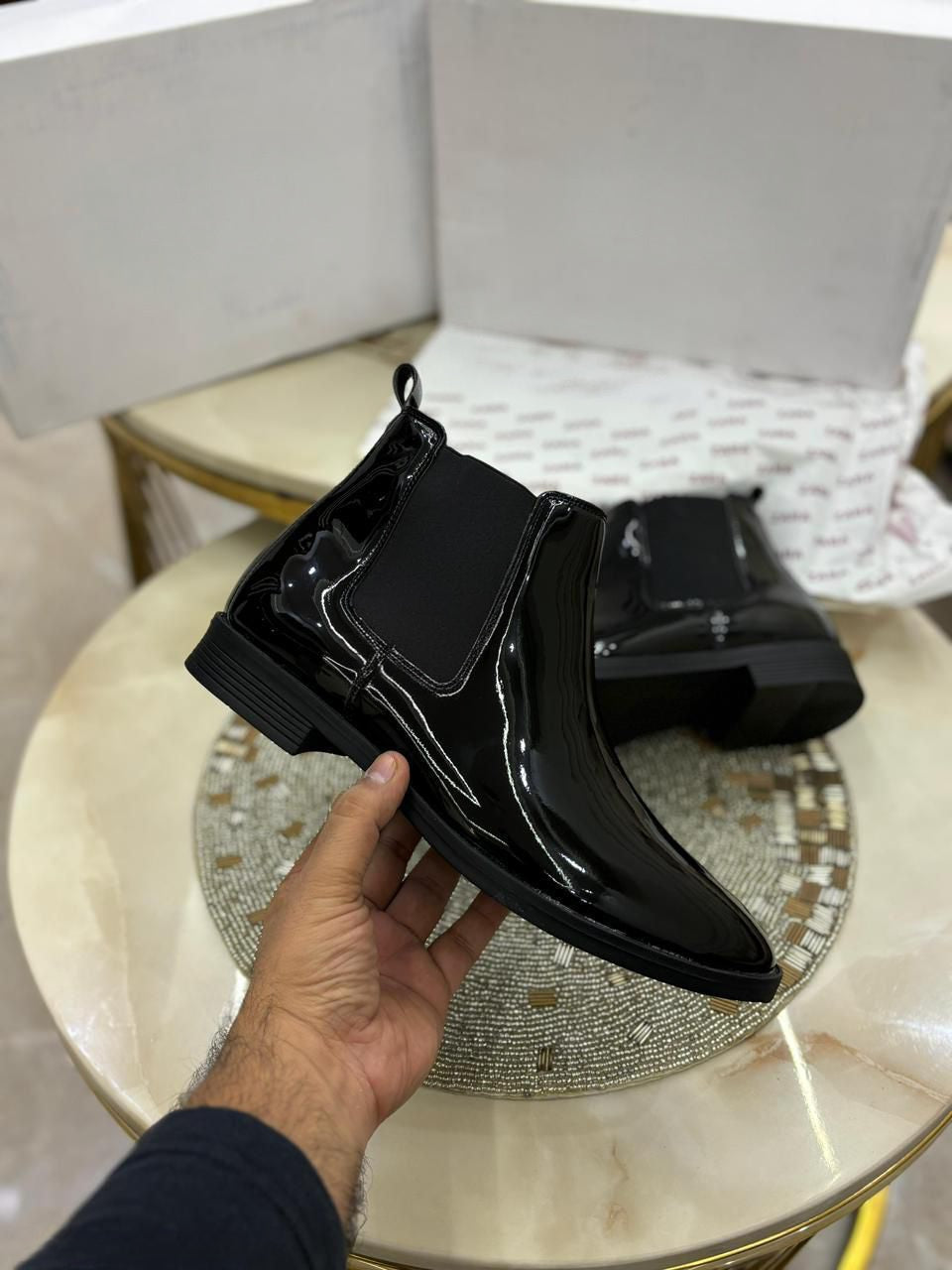 FunkyTradition Premium Glossy Black Patent Finish Chelsea Boots for Men - UK 6 to 10