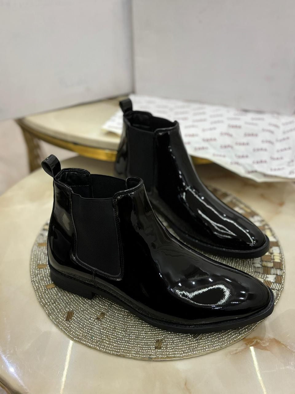 FunkyTradition Premium Glossy Black Patent Finish Chelsea Boots for Men - UK 6 to 10