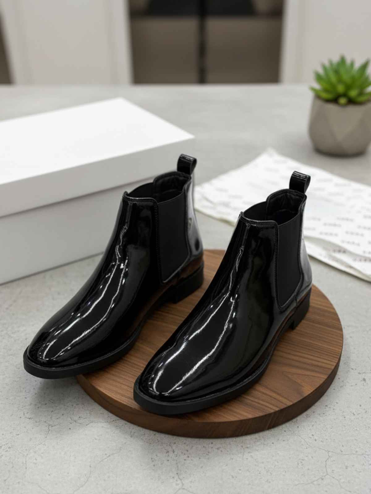 FunkyTradition Premium Glossy Black Patent Finish Chelsea Boots for Men - UK 6 to 10