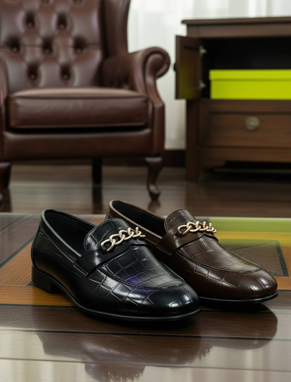 FunkyTradition Black & Brown Suede Faux Leather Chain Loafers